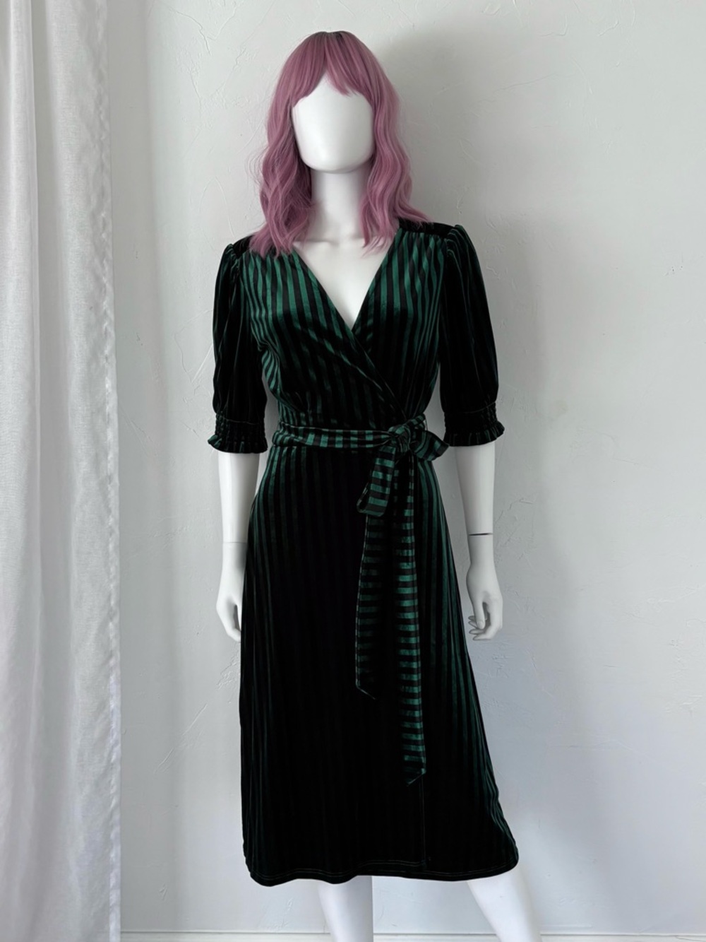 Modcloth Dark Green Striped Velvet Wrap Midi Dress